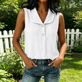 Summer Casual Linen Cotton Sleeveless V-Neck Lapel Collar Loose Shirt + Tank Top
