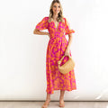 Printed V-Neck Puff Sleeve Bohemian Fitted Beach Dress