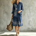 Women's Ethnic Casual Jacquard 3/4 Sleeve Loose Wide Leg Pants + Shirt 2-Piece Set 20 - Dark Blue