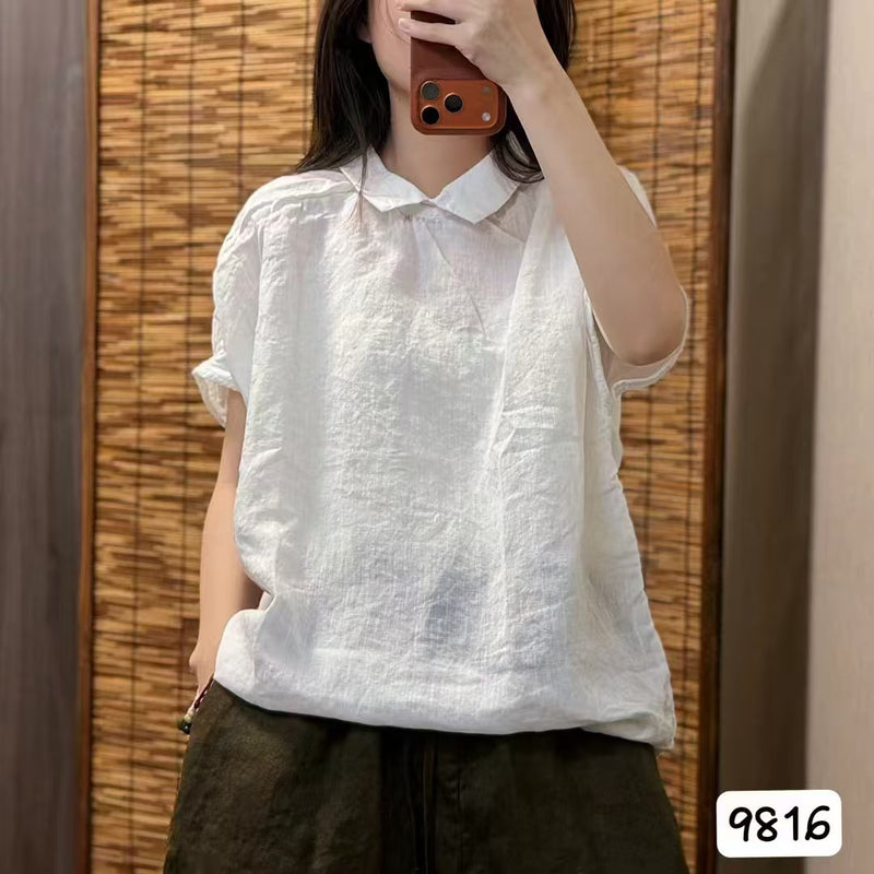 Summer Korean Youthful Linen Mini Flutter Sleeve Peter Pan Collar Loose Shirt