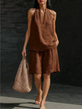 Summer Old Money Relaxed Linen Short Sleeve V-Neck Loose Wide Leg Pants + Top 2-Piece Set
