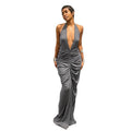Solid Pleated Deep V Backless Bodycon Dress, Hot Girl Style