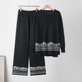 Women's Fall-Winter Ethnic Casual Crew Neck Pattern Wide Leg Pants + Top 2-Piece Set - Coffee