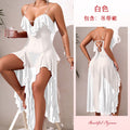 欧美跨境链条吊带性感睡裙女荷叶边双开叉透视网纱不规则长裙896