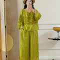Women's Summer Ethnic Relaxed Ramie Embroidered 3/4 Sleeve V-Neck Loose Set 2026 - Pink Top