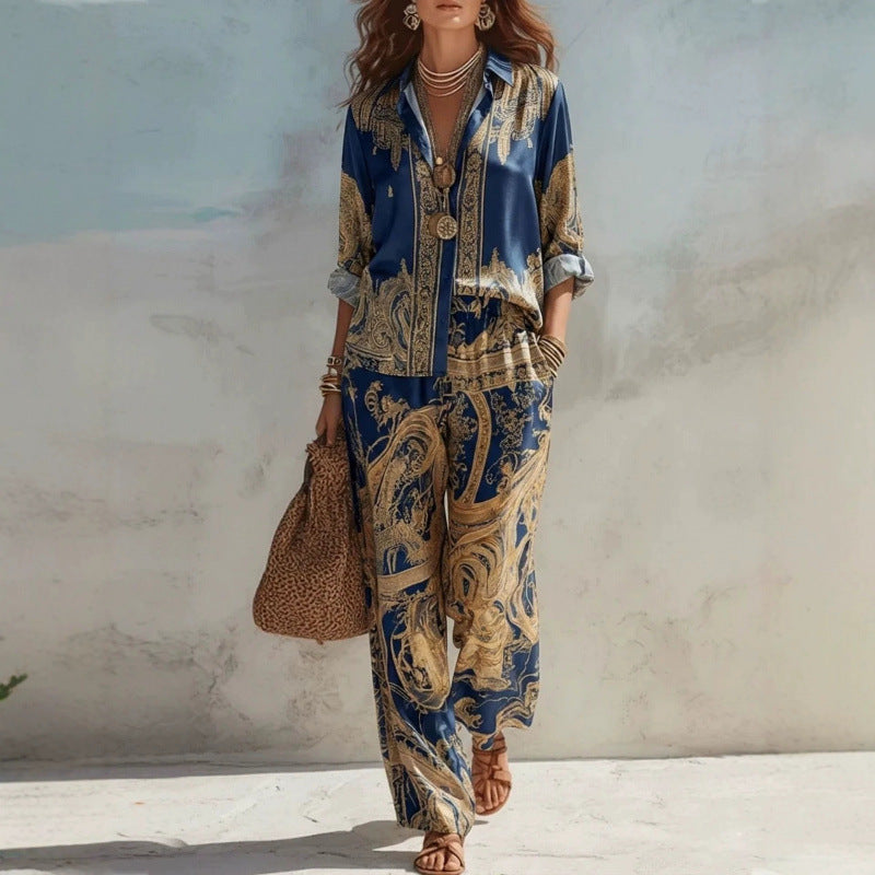 Casual Fashion Long Sleeve Printed Wide Leg Pants + Shirt 2-Piece Set
