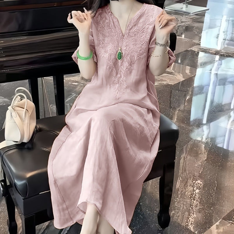 New Chinese Style Embroidered V-Neck Dress - Loose Fit Elegant Summer Dress