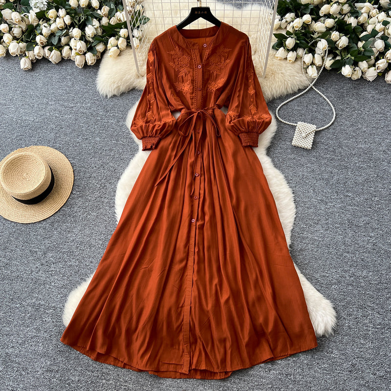 Retro Palace Style Lantern Sleeve Dress, Crochet Embroidery Fitted Long Dress