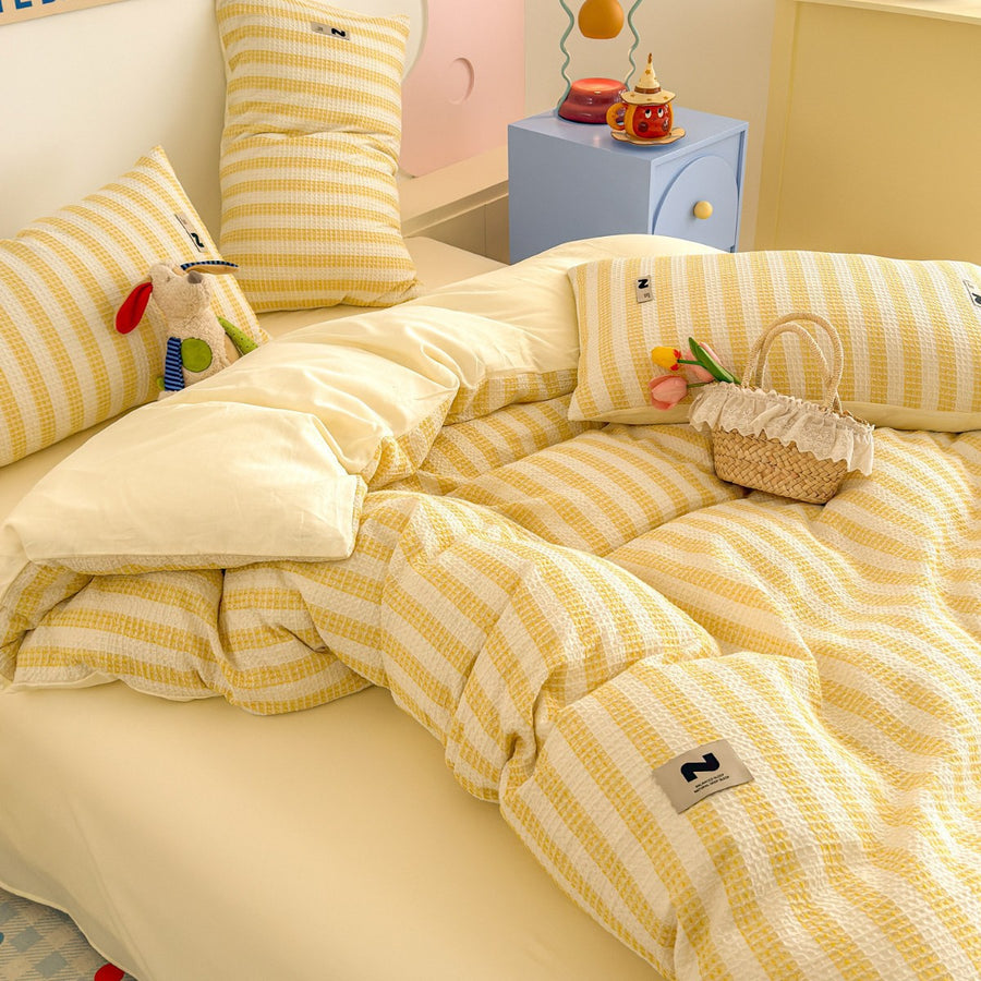 Cheese Color-Block Waffle Jacquard Cotton 4-Piece Bedding Set - view 4