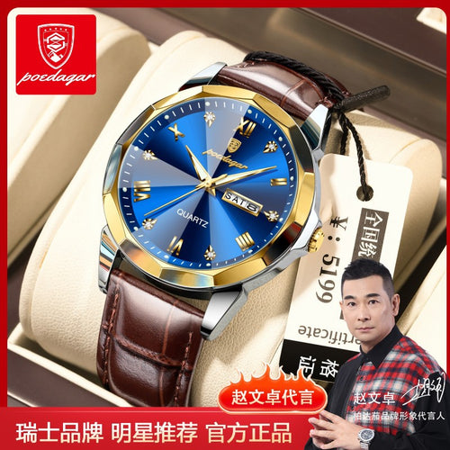 Swiss Brand Leather Band Mens Watch Waterproof Glow Fashionable Quartz Watch Live Export Bestseller Drop Ship