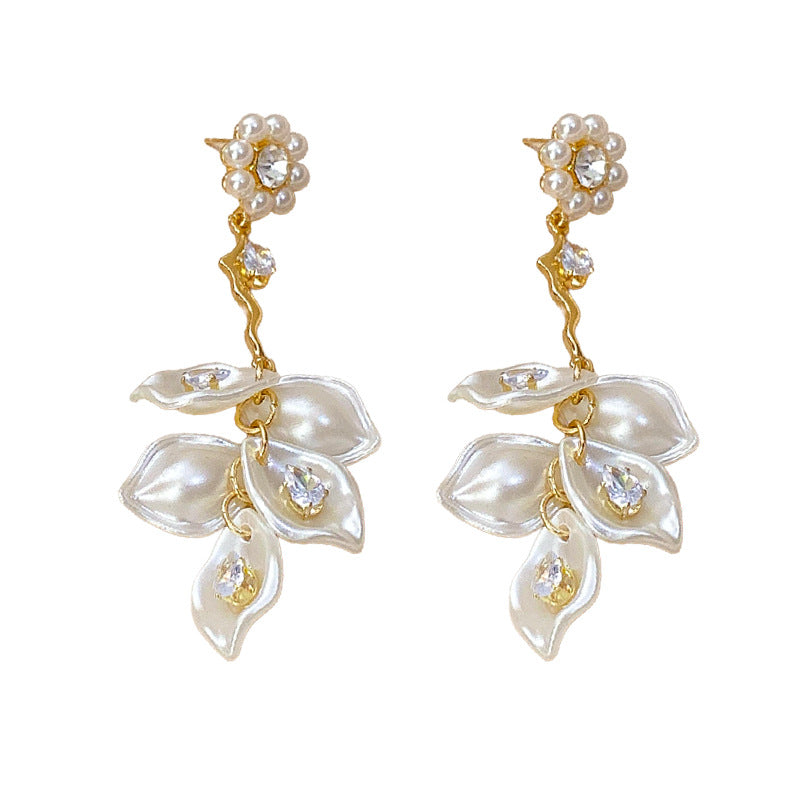 Pearl Flower Rhinestone Tassel Drop Earrings - view 5