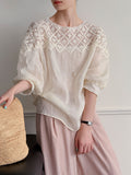 Summer Korean Artistic Ramie Hollow-Out Neckline Shirt