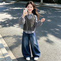 Girls' Puff Sleeve Plaid Shirt Vest Denim Pants Three-Piece Set
