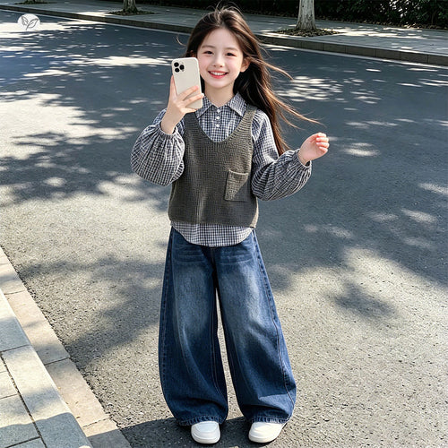 Girls' Puff Sleeve Plaid Shirt Vest Denim Pants Three-Piece Set