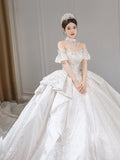 Off-Shoulder Luxury Wedding Gown - French Style Petite Bridal Dress with Train