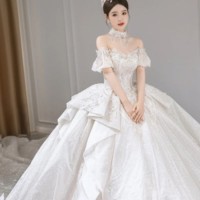 Off-Shoulder Luxury Wedding Gown - French Style Petite Bridal Dress with Train