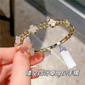 10K Flower Tube Four Leaf Clover Width Slim Cut Bangle Copper Coated 18K Gold Fashionable Versatile Full Diamond Bracelet Light Luxury Elegant Hand Jewelry