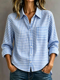 Spring-Summer Casual Long Sleeve Lapel Collar Plaid Loose Shirt