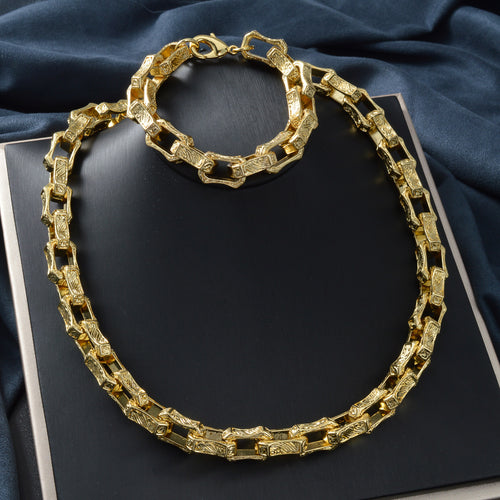 Amazon Hot Sale Western Copper Square Spliced Cuban Chain Trendsetter Personality Accessory Gold Plated Necklace Bracelet Set