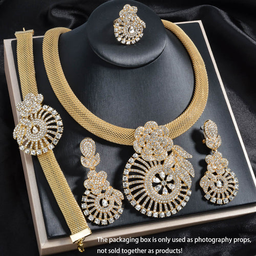 Statement Fan Shape Flower Gold Rhinestone Pendant Retro Huawei Beauty Gown Style Jewelry Set Banquet Accessory