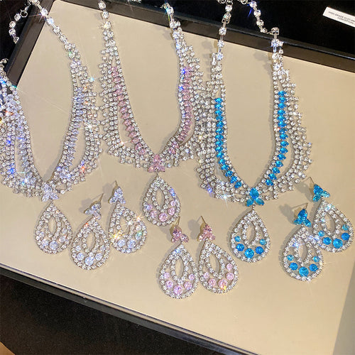 Blue Starfish Drop Full Diamond Super Sparkle Contrast Teardrop Jewelry Set Wedding Banquet Necklace Light Luxury Niche Necklace Women