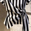 French Elegant Lapel Collar Waist-Tie Striped Asymmetric Shirt
