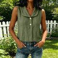 Summer Casual Linen Cotton Sleeveless V-Neck Lapel Collar Loose Shirt + Tank Top