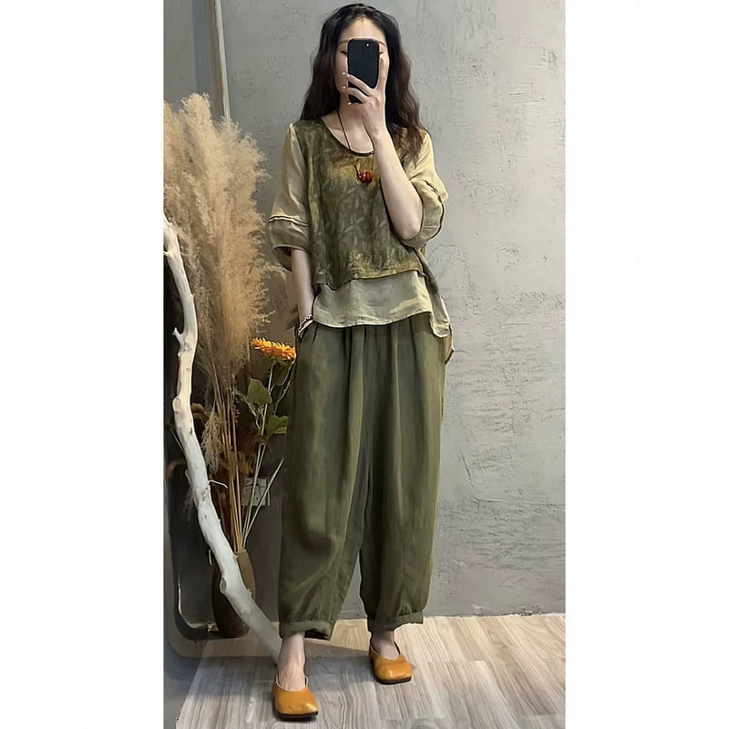 Summer Fashion Slimming Linen Cotton Patchwork Printed Harem Pants + Top 2-Piece Set