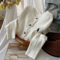 Women's Fall-Winter Retro Embroidered Knit Long Sleeve Crew Neck Sweater + Cardigan + - White