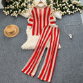 Retro Slimming Plus Size Knit Striped Loose Color-Block Wide Leg Pants + Cardigan Set