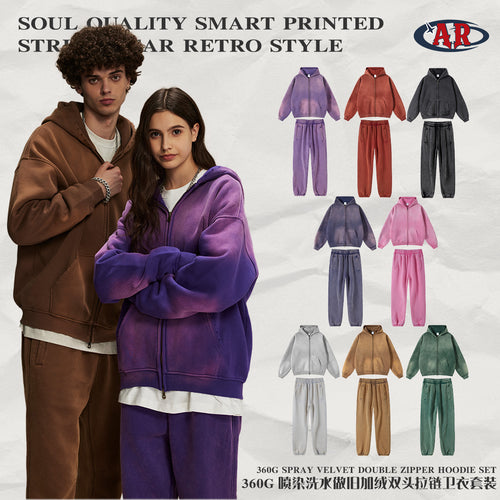 ARTIE Men's Fall/Winter 360G Washed Distressed Spray-Dye Double Zip Fleece-Lined Hoodie & Pants Set