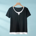 women's fake two-piece pajamas with breast pads, bra-free summer short-sleeved round neck pure cotto