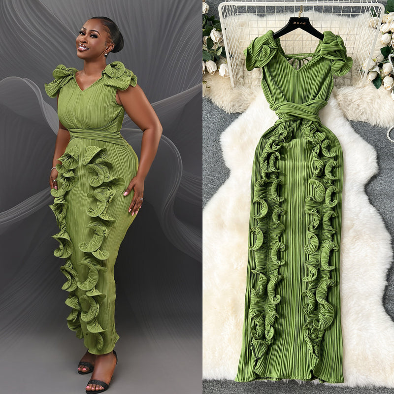 High-End Elegant Pleated Ruffle Trimmed Bodycon Long Dress for Banquet
