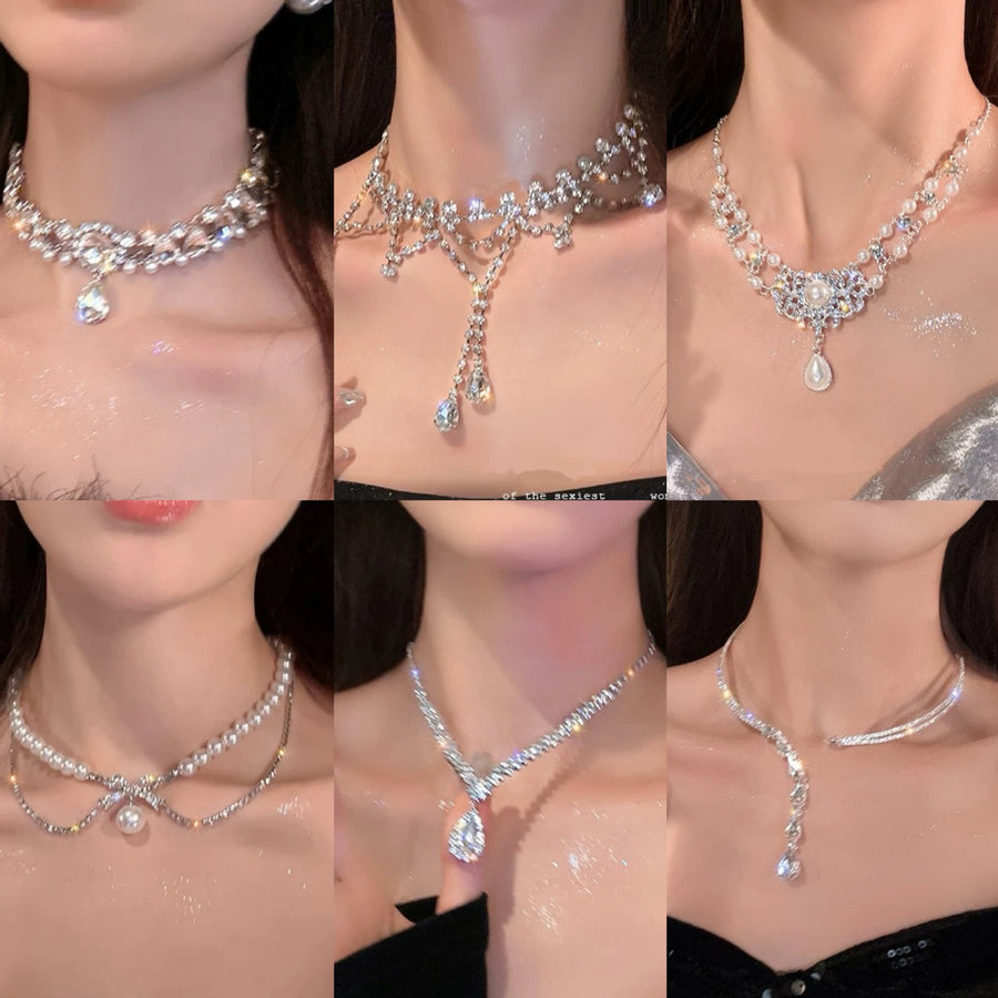 French Rhinestone Teardrop Flower Pearl Necklace - view 2