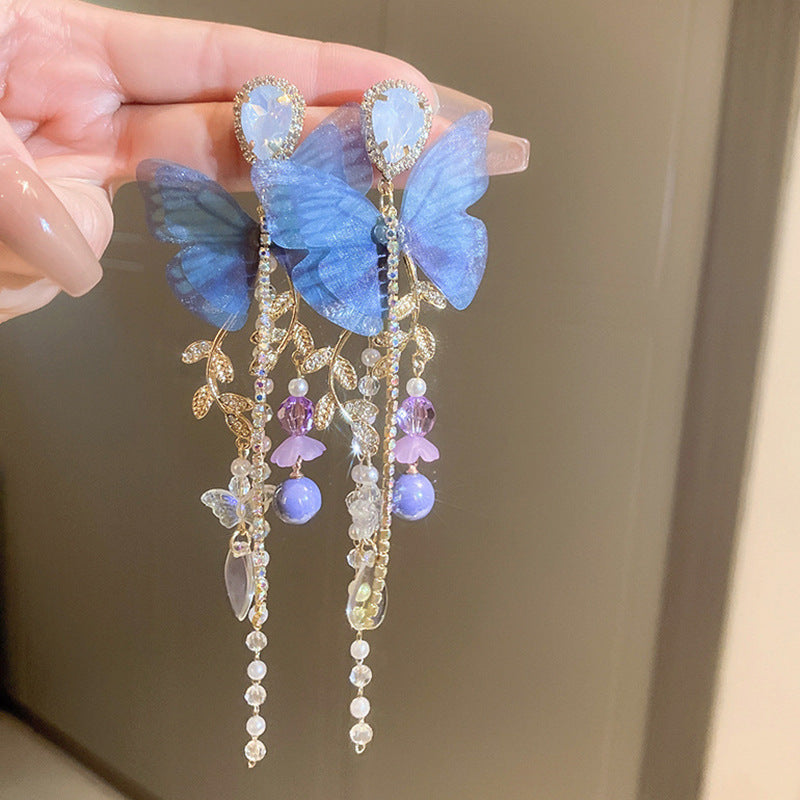 Rhinestone Mesh Butterfly Tassel Earrings - view 6
