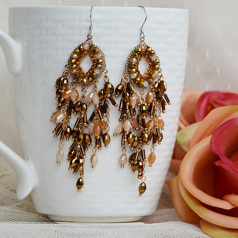 Bohemian Crystal Flower Tassel Earrings - view 4