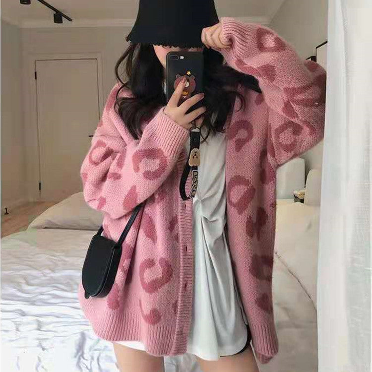 Women's Fall-Winter Korean Fashion Knit Wool Long Sleeve Loose Leopard Sweater + Card - Pink