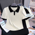 Plus Size Structured Shoulder T-Shirt - Doll Collar Faux Two-Piece Top Women