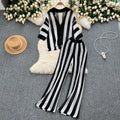 Retro Slimming Plus Size Knit Striped Loose Color-Block Wide Leg Pants + Cardigan Set
