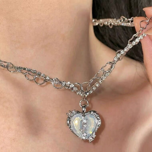 Western Fairy Baby Girl Navy Necklace Multi-Layer Crystal Cubic Zirconia Split Heart Pendant Neck Premium Chain Clavicle Chain N6354