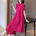 Women's Summer Ethnic Elegant Plus Size Frog Button Pleated Dress 2-Piece Set 2026 - Yellow