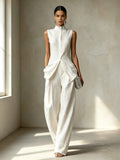 Fashion Elegant Sleeveless Drapey Shirt + Pants Set