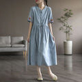 Washed Cotton Embroidered Drawstring Fitted Mid-Length Dress