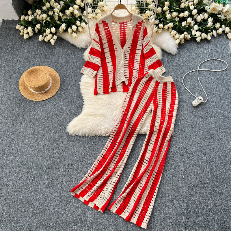 Retro Slimming Plus Size Knit Striped Loose Color-Block Wide Leg Pants + Cardigan Set