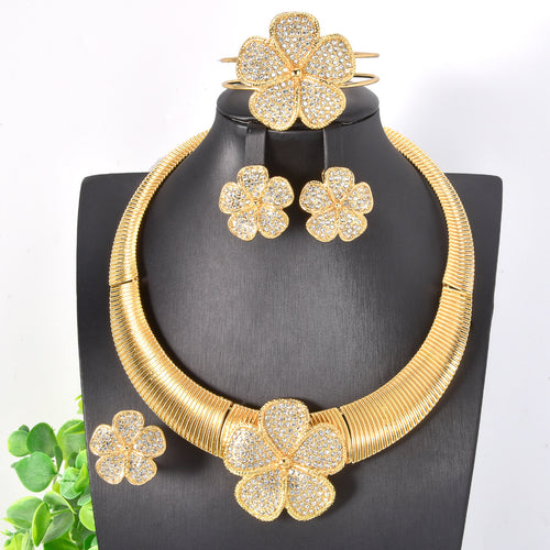 EU/US Import Dubai Gold 18K Necklace Earrings Set Ring Bracelet Set Bride Knot Wedding India Women Banquet Jewelry Set