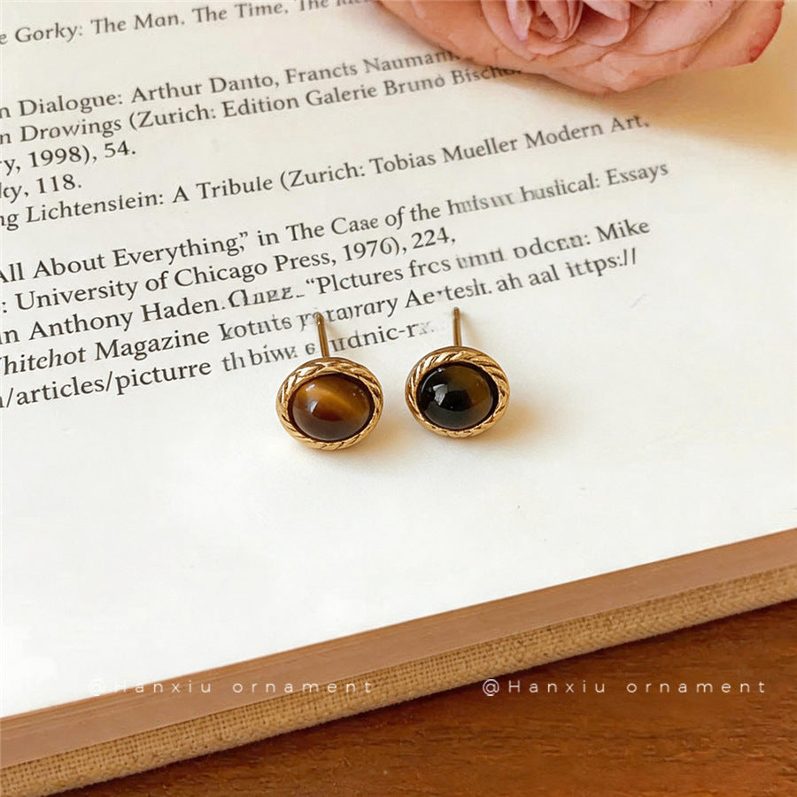Vintage Tiger's Eye Round Stud Earrings - view 2