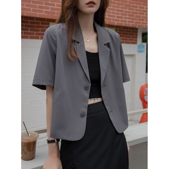 Women's Summer Elegant Short Sleeve Lightweight Loose Cropped Blazer + Top 2026 - Black