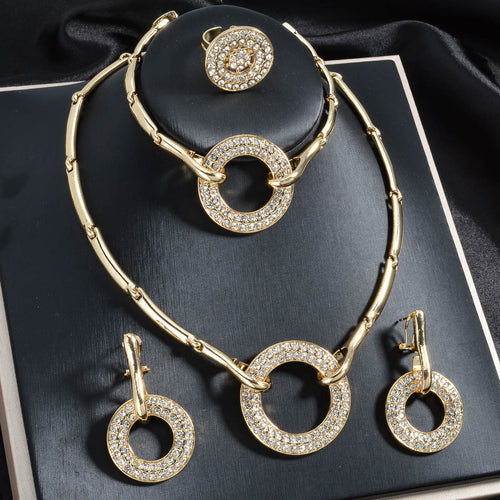 Overseas Bead Gem Light Luxury Rhinestone Activity Round Band Slub Necklace Bracelet Set Earrings Ring Set ins Banquet Jewelry