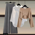 Fall-Winter Fashion Slimming Plus Size Knit Wool Wide Leg Pants + Sweater + Shirt 3-Piece Set