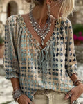 Summer Bohemian 3/4 Sleeve V-Neck Tie-Front Drawstring Shirt